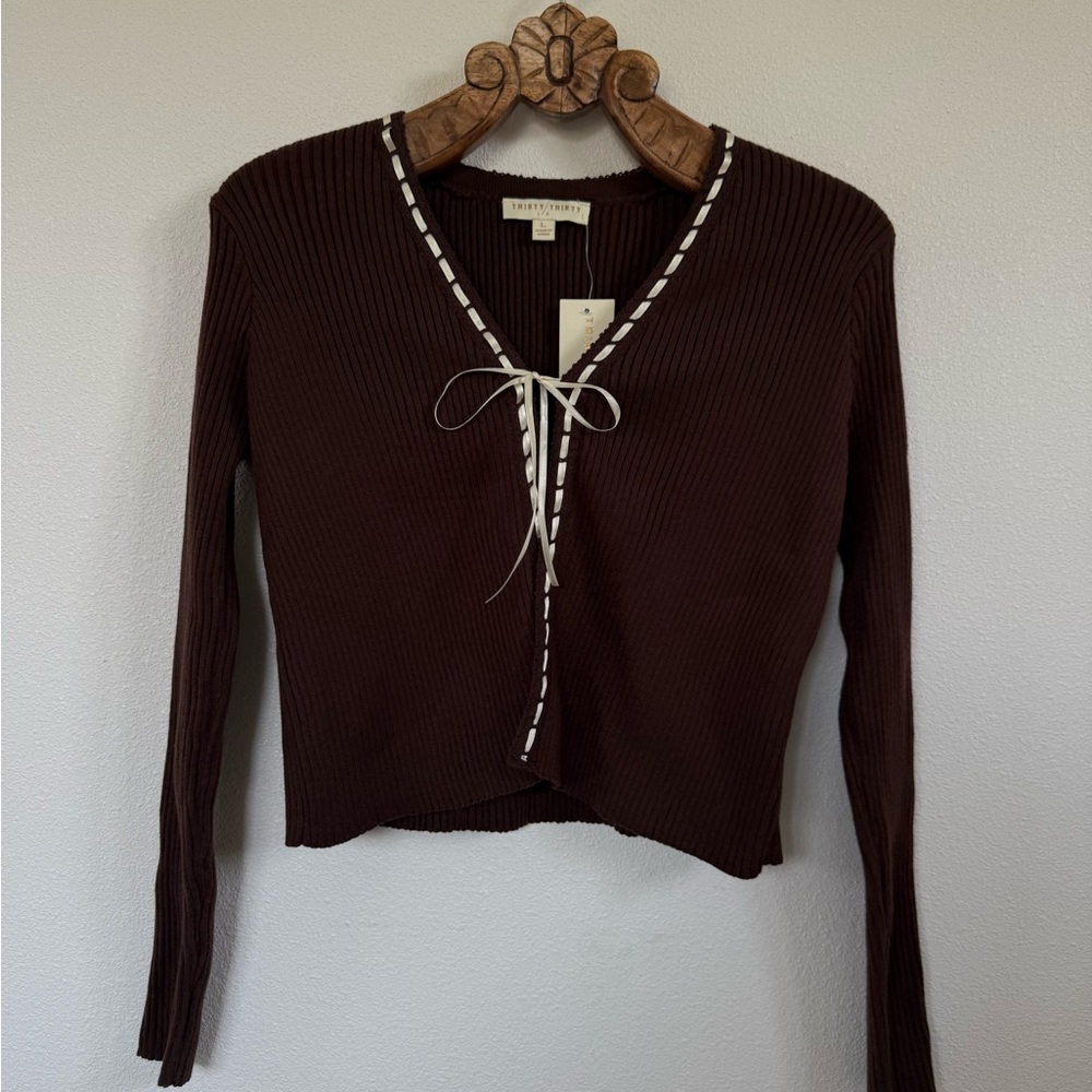 Thirty/ Thirty Brown Ribbed Cardigan with White Trim